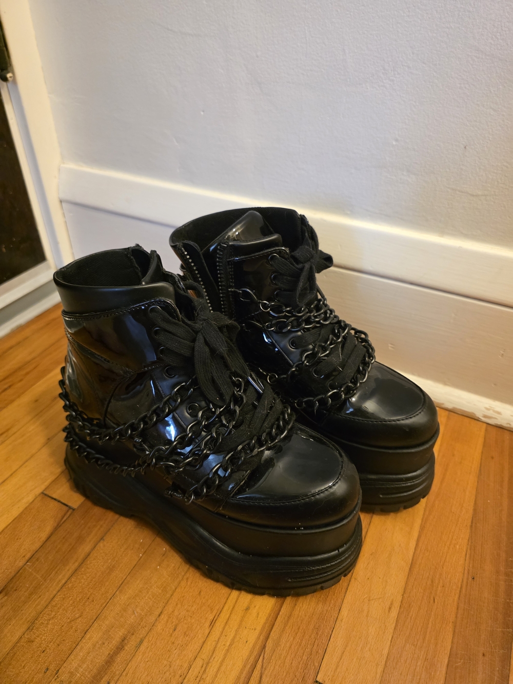 Women’s Black Platform Chain-Accent Combat Booties